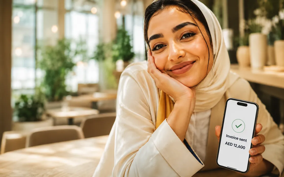 Una empresaria sosteniendo un teléfono que muestra una factura enviada por AED 12,600