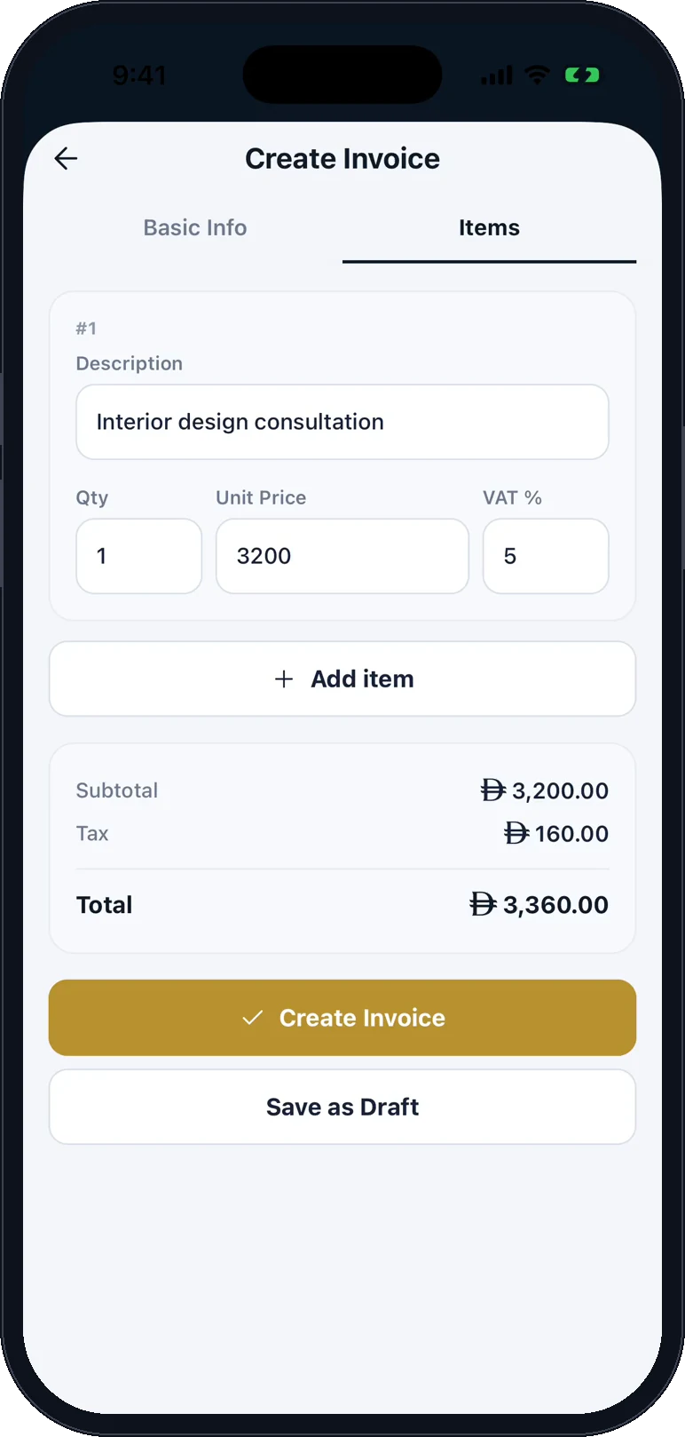 Creating an invoice on a phone: one line for interior design consultation, with subtotal, tax and total