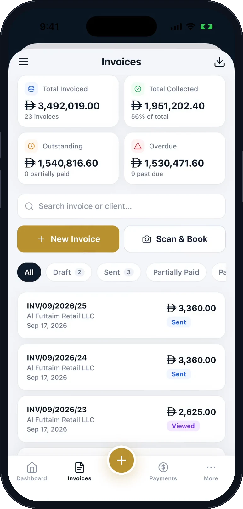 The invoice list on a phone: total invoiced, collected, outstanding and overdue, with the latest invoices below