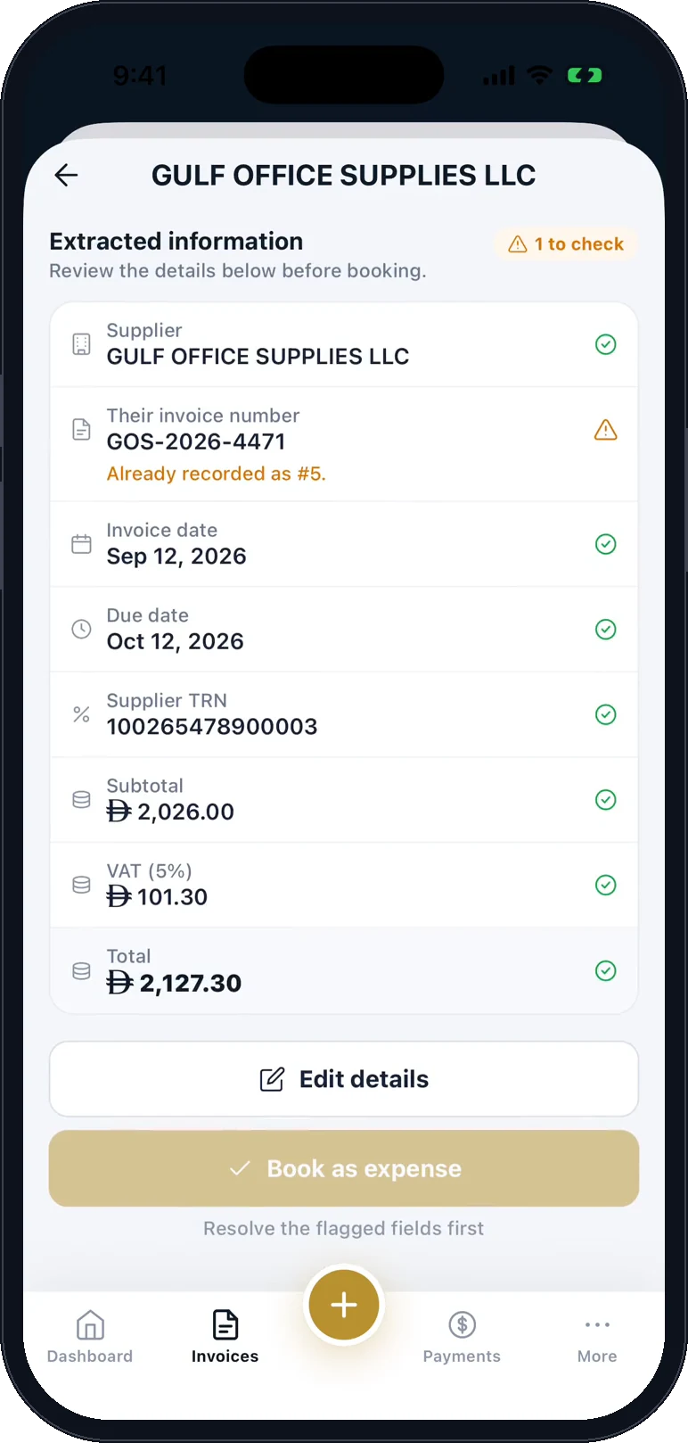 The fields read from a supplier invoice — supplier, invoice number flagged as already recorded, dates, TRN, subtotal, VAT and total