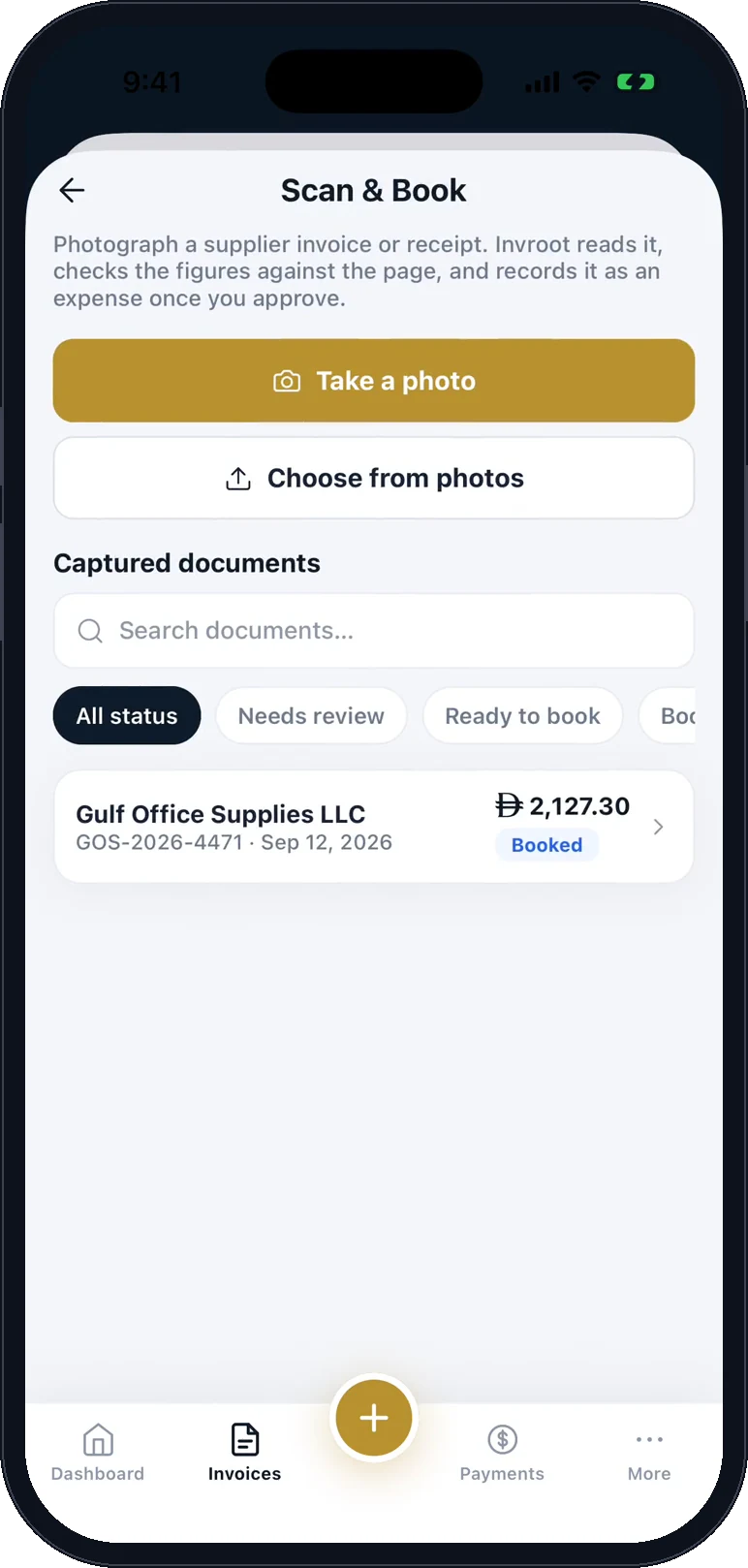The Scan & Book screen: take a photo or choose from photos, with one supplier document already booked