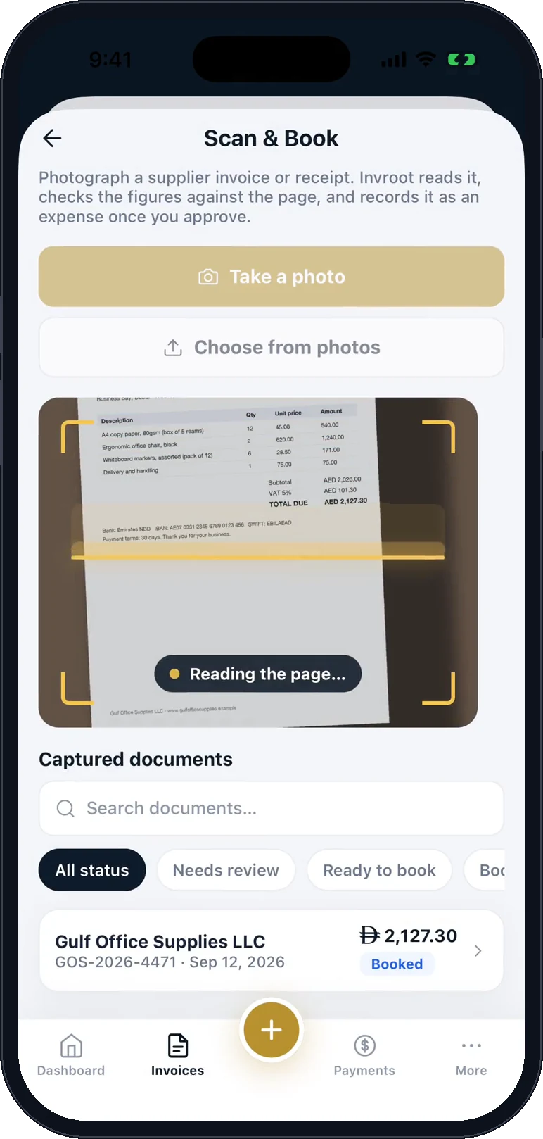 A photographed supplier invoice with the scan line passing over it: reading the page