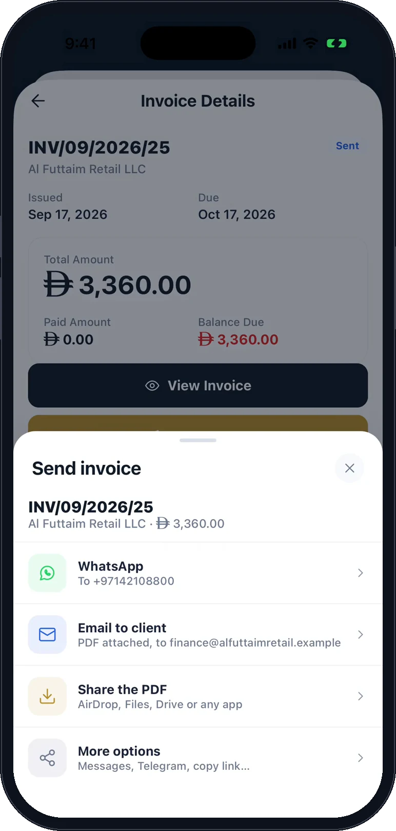 The send sheet for an invoice: WhatsApp, email to the client, share the PDF, or more options