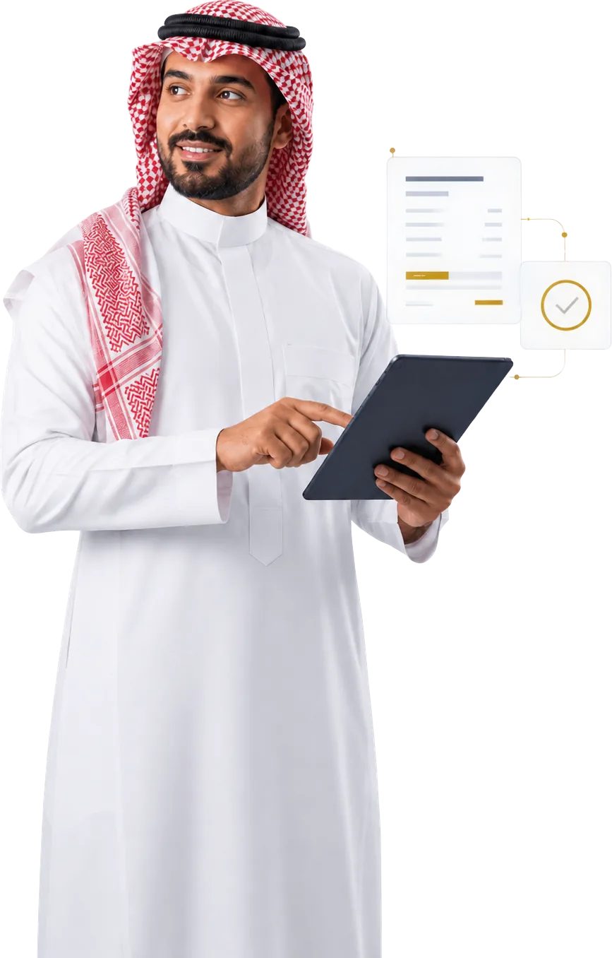 Un chef d'entreprise en thobe et shemagh consultant une facture sur une tablette