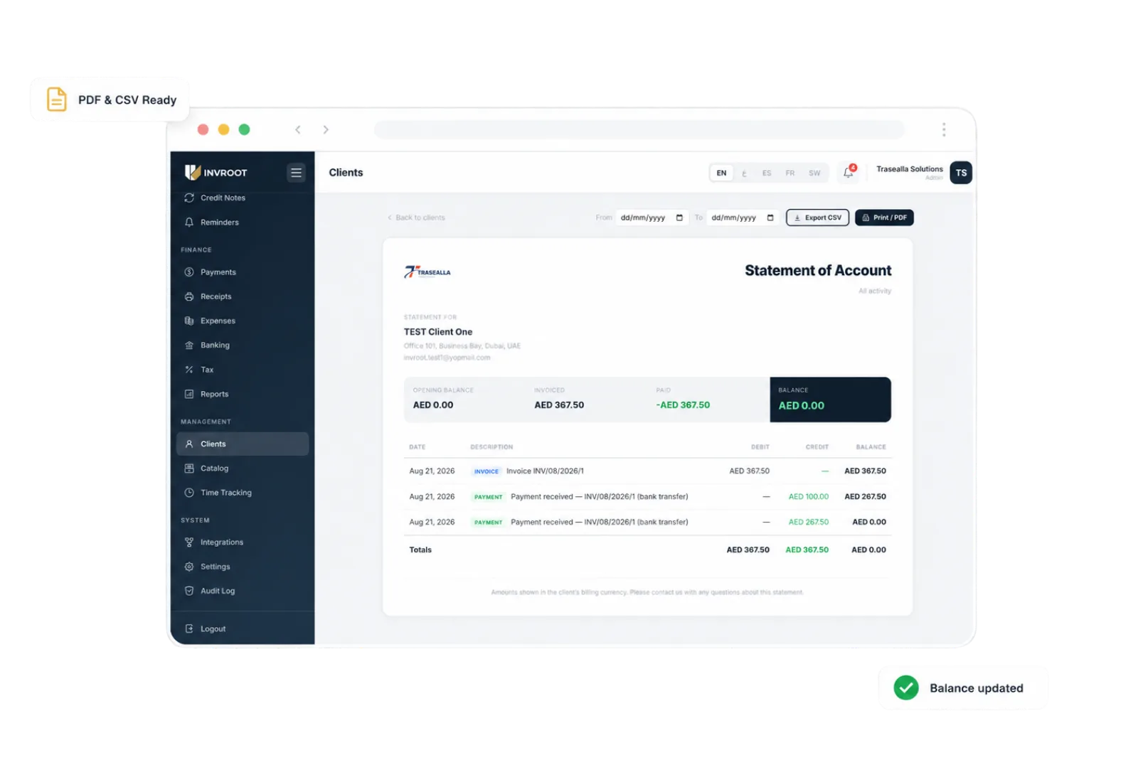 An Invroot statement of account showing invoices, payments and a running balance