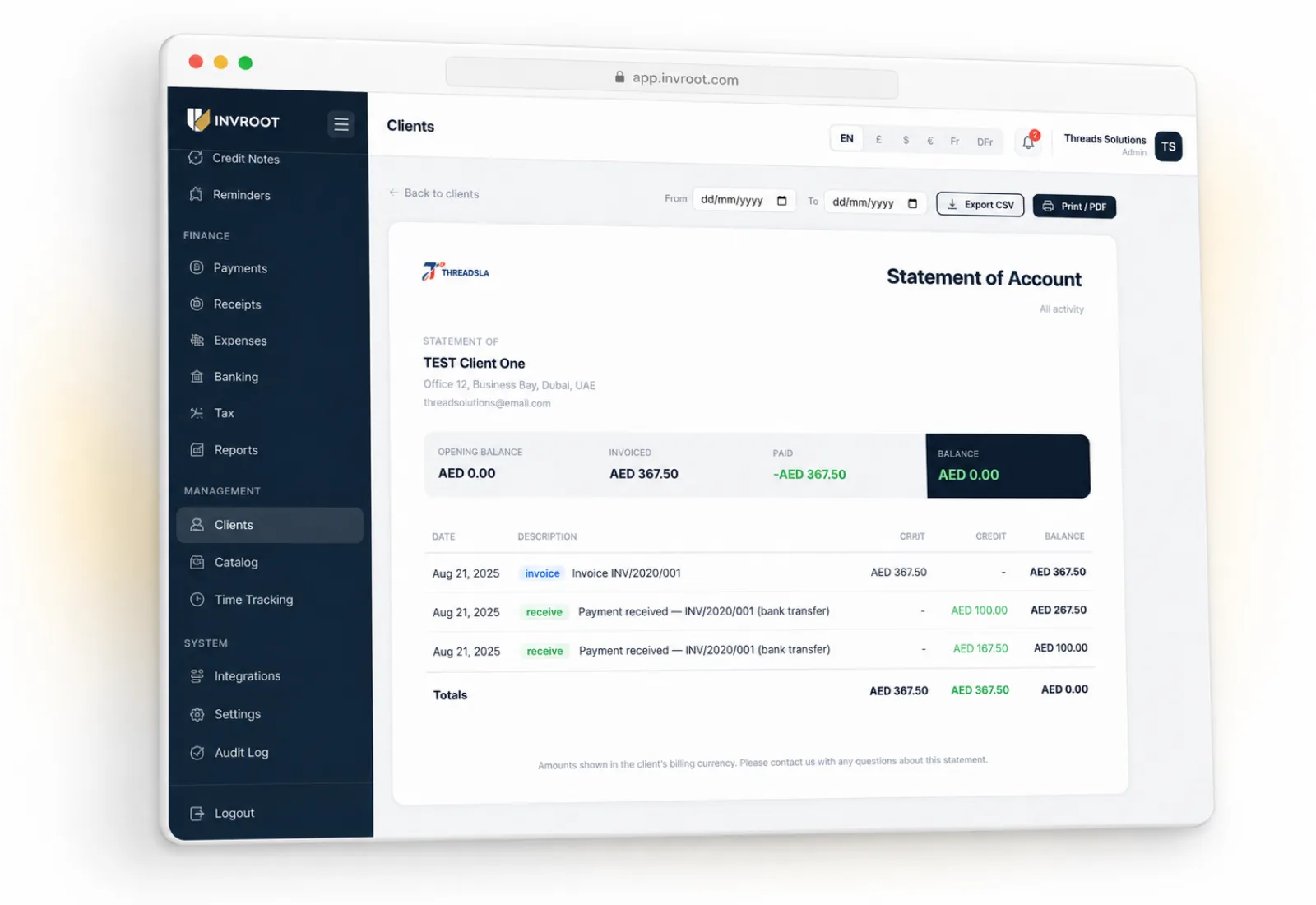 The statement of account screen, with date filters and export buttons
