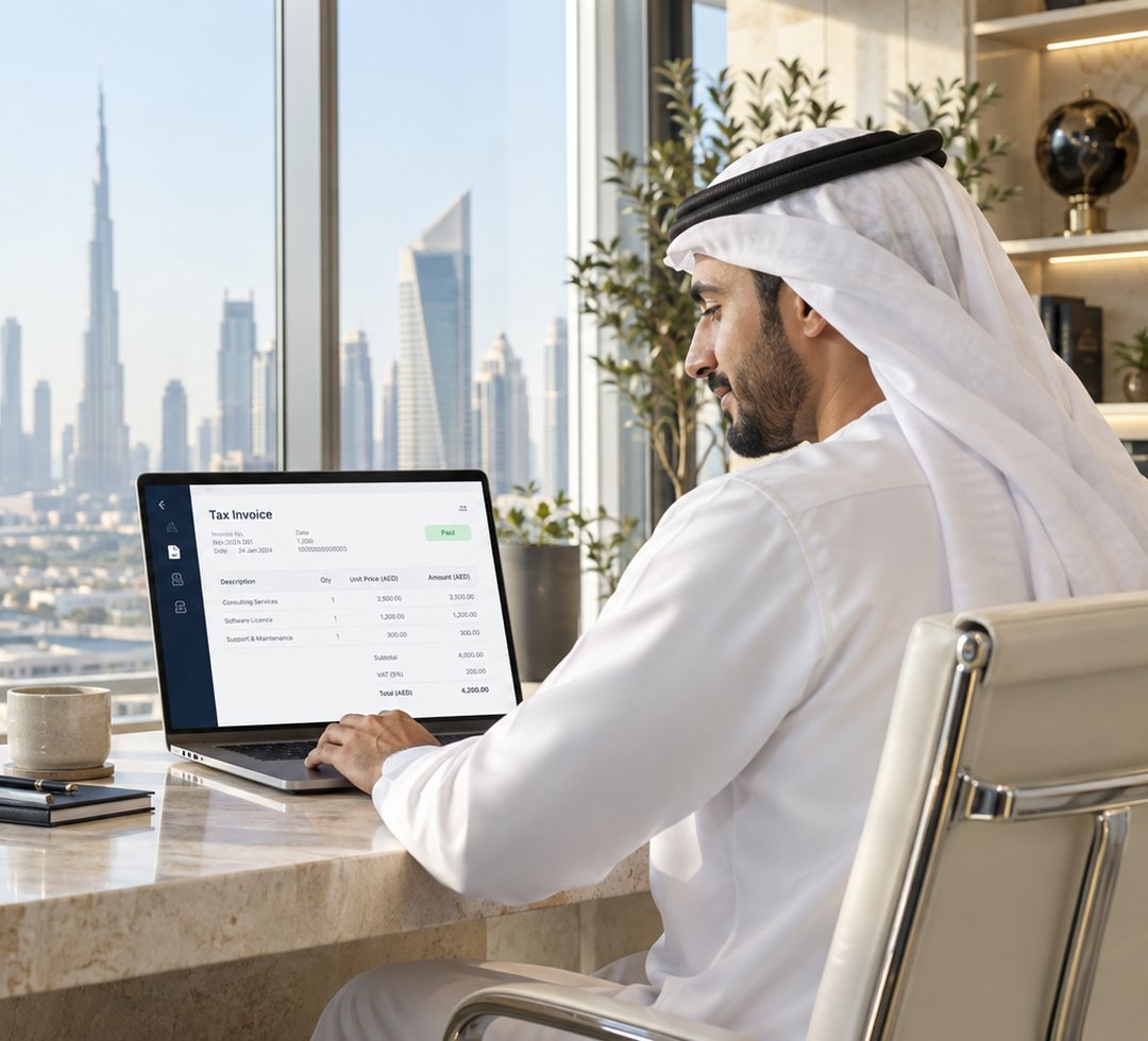 صاحب عمل في دبي يراجع فاتورة ضريبية مدفوعة في Invroot على حاسوب محمول